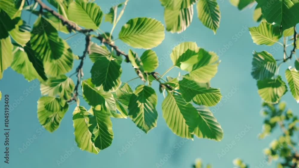 Poster tree branch with green leaves is shown in the sunlight. the leaves are large and spread out, creatin