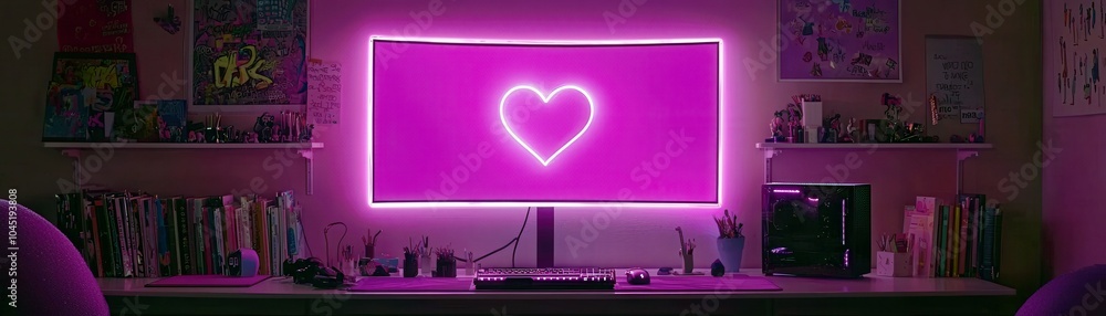 Poster modern neon setup with heart display on computer screen
