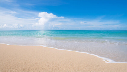 Fototapeta premium Tropical Beach with Soft Sand, Turquoise Waters, and Clear Blue Sky