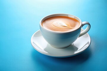 Extreme close-up white cup of creamy coffee isolated on blue background
