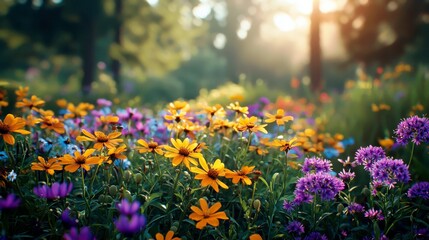 Obraz premium Delicate Wildflowers in a Serene Field at Sunrise