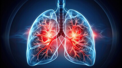 Extreme close-up X ray showing highlighted pulmonary embolism on gradient background