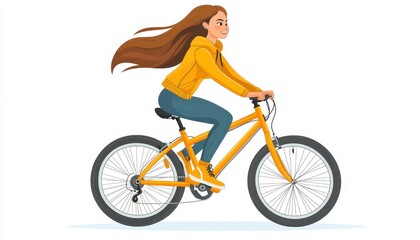 Obraz premium A girl enjoys riding a bicycle in a flat, minimalistic, and isolated setting