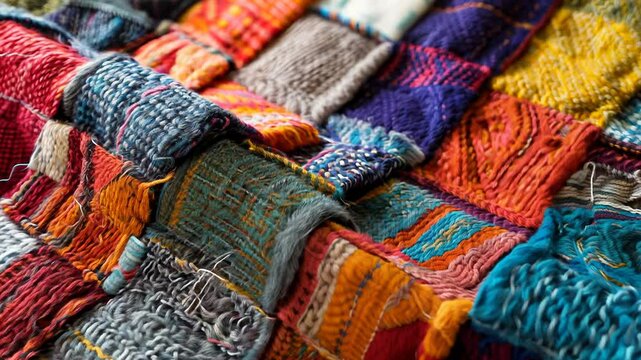 Colorful patchwork quilt made of different colored pieces of fabric. The quilt is made up of many different pieces of fabric, each with its own unique color and pattern. The quilt is a beautiful