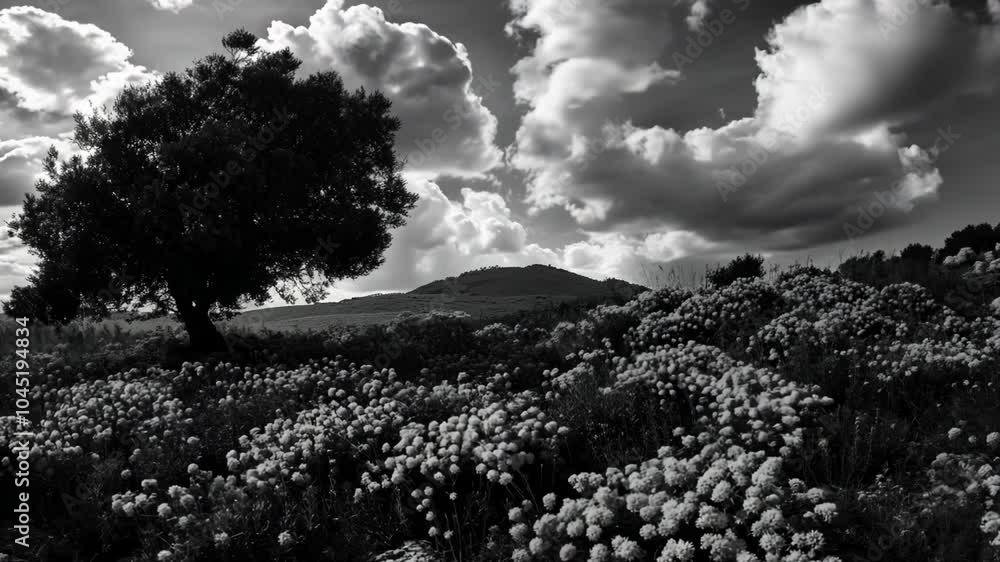 Poster field with a tree in the foreground and a hill in the background. the sky is cloudy and the field is