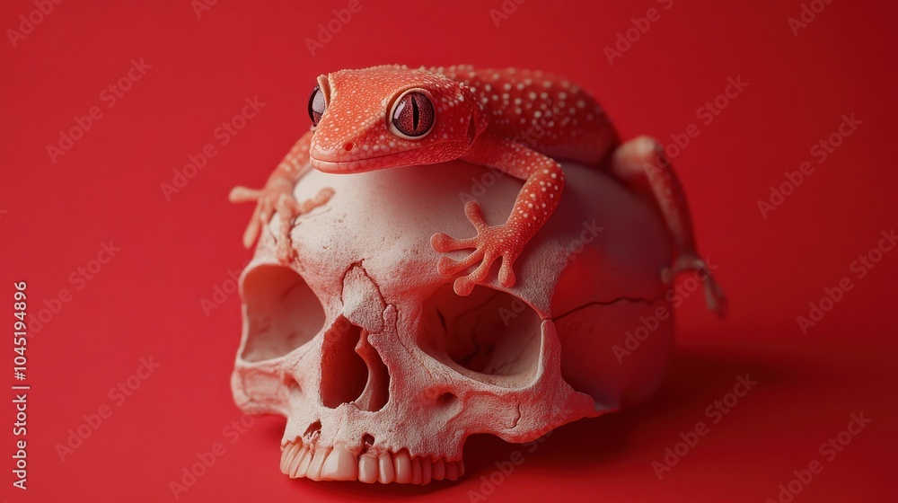 Poster gecko resting on skull with glowing background