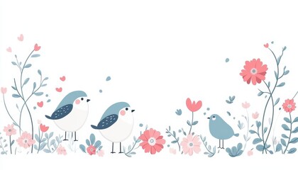 Colorful birds and flowers in a flat geometric style on a bright spring day