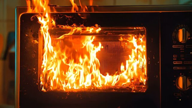 A fire suddenly erupted inside a microwave oven, presenting a significant danger to safety