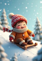 Charming Winter Outfit 3D Render: Snowy Hill Sled Ride with Forest Trees and Soft Snowfall