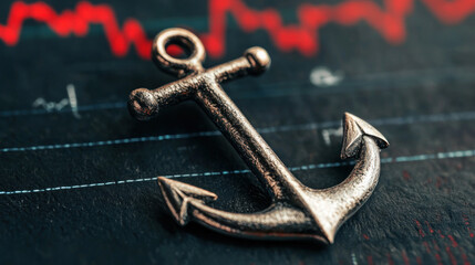 silver anchor rests on stock market graph, symbolizing stability amidst market fluctuations. This captures essence of financial security and investment strategies