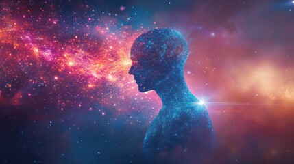 Obraz premium Abstract representation of human anatomy with glowing quantum particles connected by energy lines in a white,