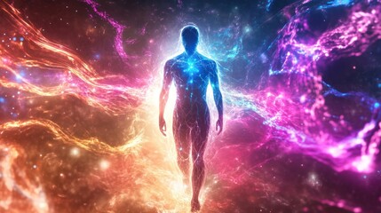 Naklejka premium Abstract representation of human anatomy with glowing quantum particles connected by energy lines in a white,