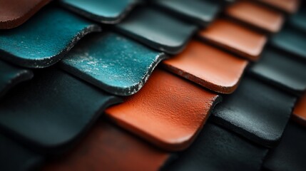 Fototapeta premium Close-up of colorful ceramic roof tiles in a repeating pattern.