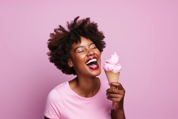 Black woman licks delicious ice cream laughing dessert adult.