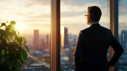 Businessman contemplating success by the window during sunset over the city skyline.