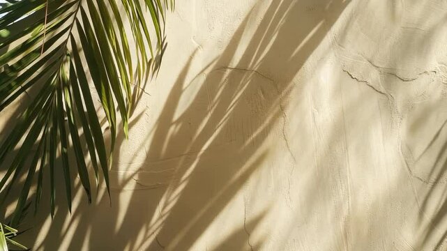 Leafy green palm tree casts a shadow on a tan wall. The shadow is long and stretches across the wall, creating a sense of depth and dimension. The contrast between the dark leafy green