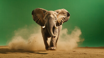 Fototapeta premium A powerful elephant running with its trunk raised and ears flared, dust kicking up from its large feet, on a solid chroma key green background, dynamic action pose
