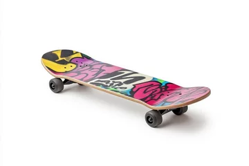 Gordijnen Colorful skateboard with graffiti design on a white isolated background. © Najikung