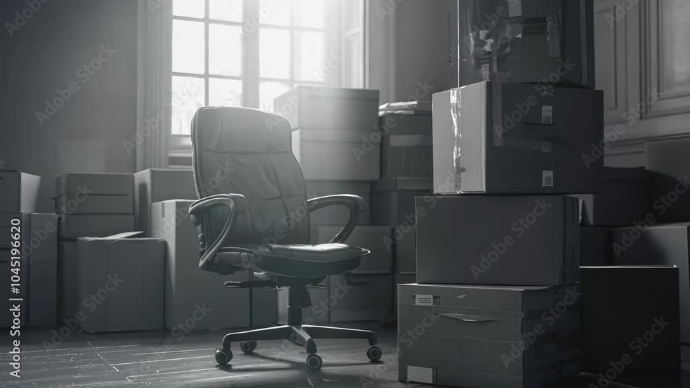 Poster black office chair sits in front of a pile of boxes. the chair is empty and the boxes are stacked on