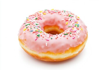 Delicious pink frosted donut with colorful sprinkles, white isolate background