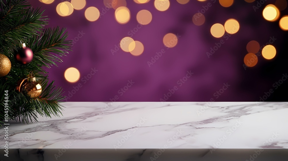 Poster a white marble countertop sits in front of a blurred purple background with a few evergreen tree bra