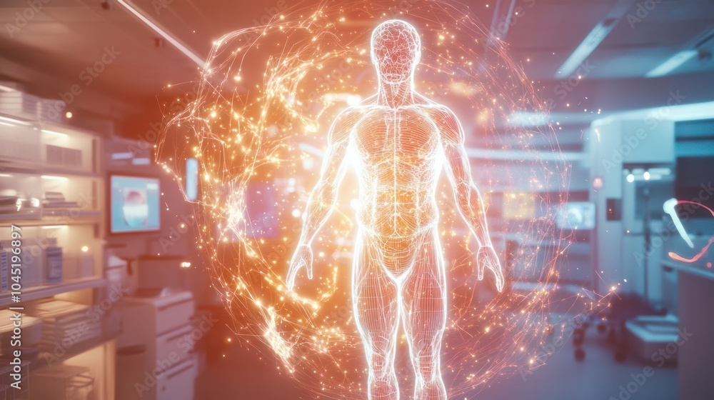 Poster abstract representation of human anatomy with glowing quantum particles connected by energy lines in