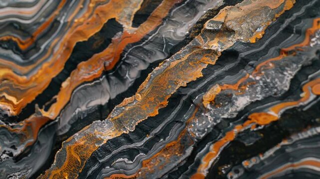 Rock with a black and orange pattern. The rock appears to be a piece of art, with the black and orange colors creating a striking contrast. The texture of the rock is rough and uneven