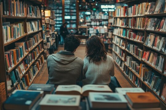 Couple reading books in library