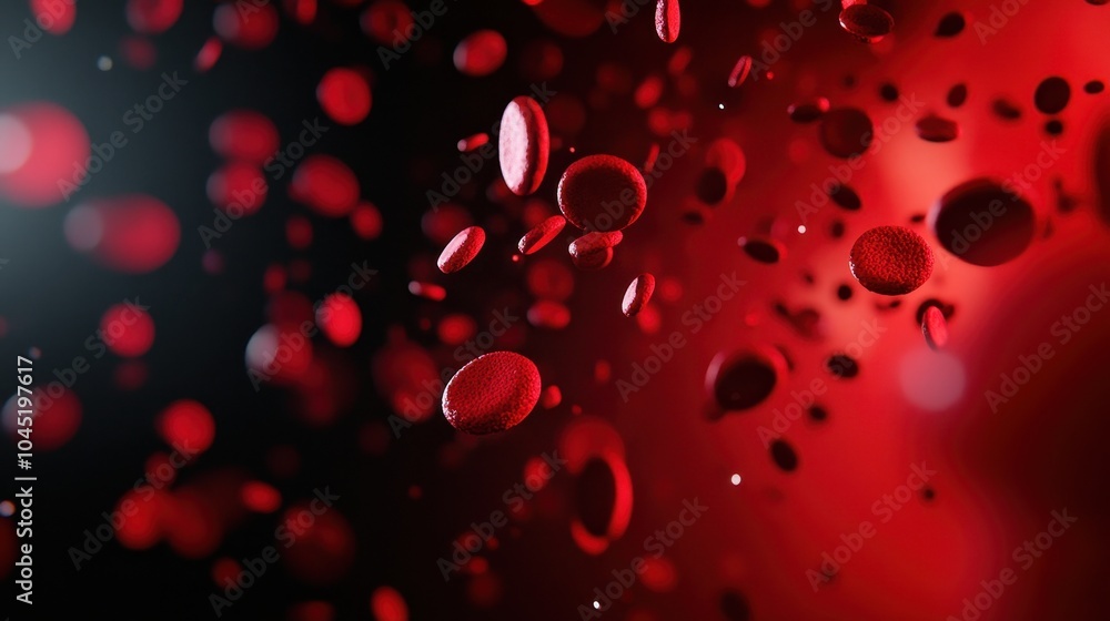 Poster a striking 3d rendering showcases red blood cells in a dark, abstract space. gradient background of 