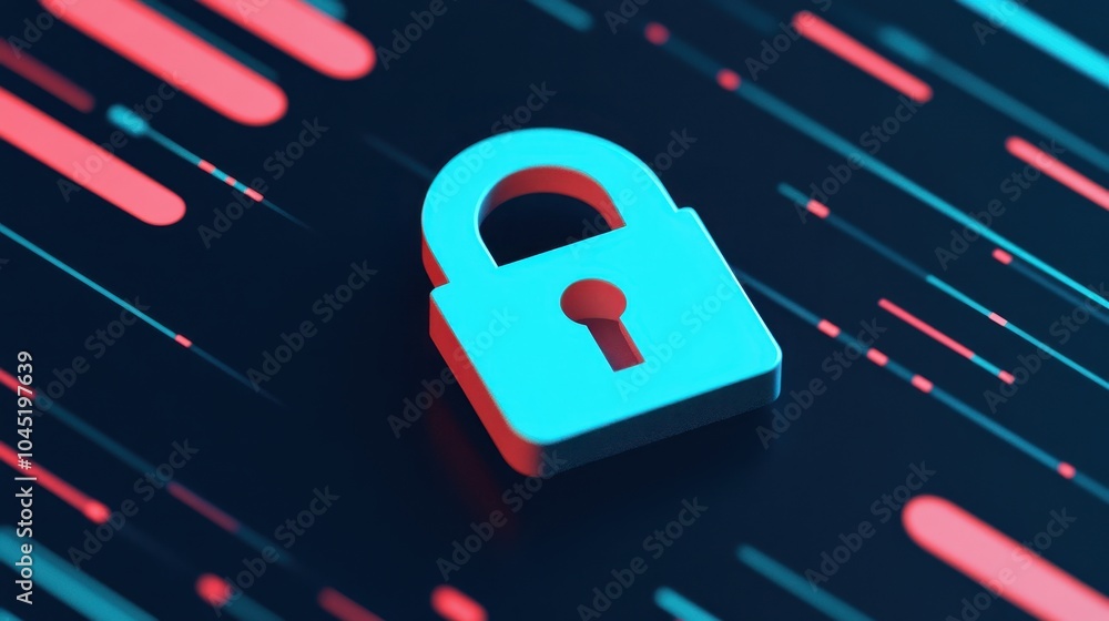 Poster a striking 3d-rendered lock in vibrant cyan represents digital security, set against a dynamic red a