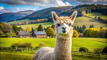 Obraz premium Farm scene featuring an alpaca in Scotland with an asymmetrical composition