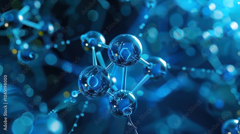 Poster a vibrant 3d visualization of molecular structures in blue highlights interconnected atoms and intri