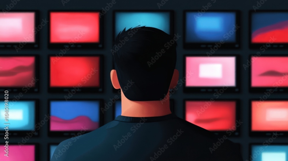 Poster man standing in front of multiple screens displaying abstract red and blue visuals, suggesting theme