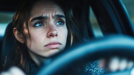 Woman in Car with Thoughtful Expression in Snowy Setting