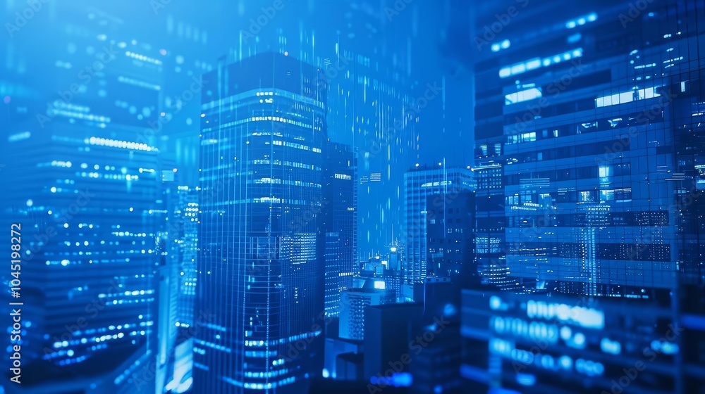 Poster a vibrant futuristic cityscape features towering skyscrapers with glowing lights and digital pattern