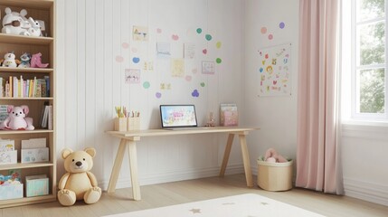 A light and airy children's room with a wooden desk, a bookshelf full of toys and books, and a window with natural light.