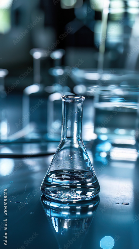 Aufkleber a vibrant laboratory a glass erlenmeyer flask filled with clear liquid, illuminated by soft natural 