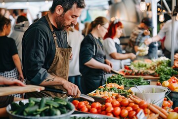 Obraz premium A vibrant outdoor farmer's market showcases a chef skillfully chopping fresh tomatoes amid colorful produce. Customers and vendors interact, highlighting a lively community spirit.