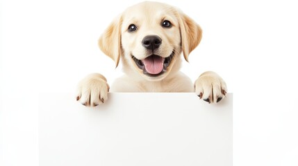 A cute, smiling puppy perched on top of a blank white board, paws hanging over the edge, against a clean white background. Perfect for adding text or design.