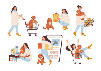 Woman shopping with dog in a store. Shopper and pet buying clothes and accessories. Pet care, retail activities, and pets and owners. Flat illustration