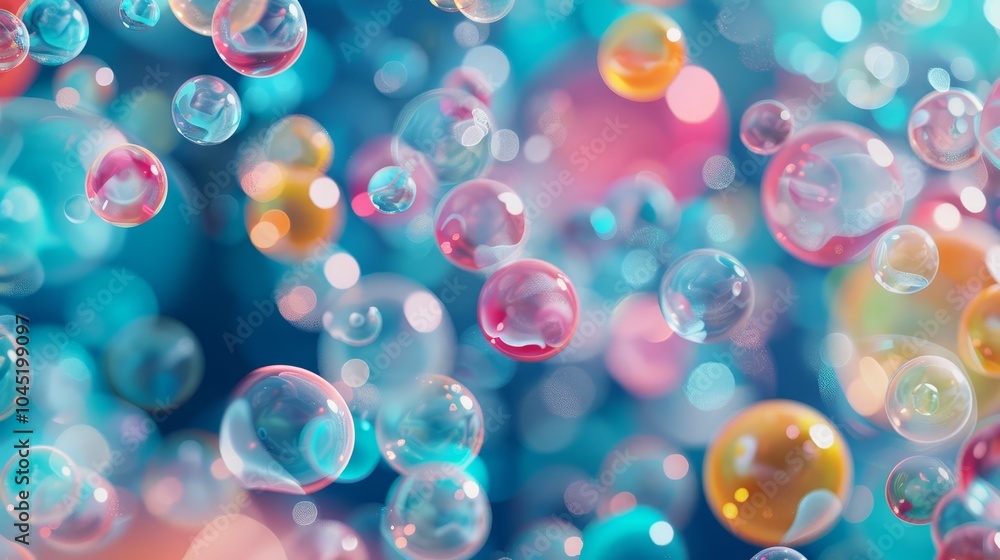 Poster abstract background with colorful iridescent bubbles floating on a blue backdrop.