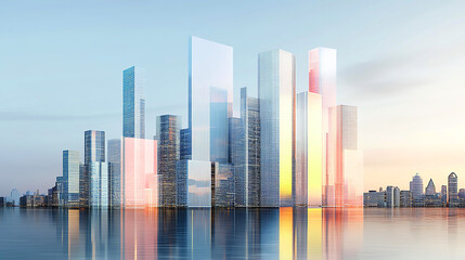 Modern city business centre at sunset, office and residential area by the water