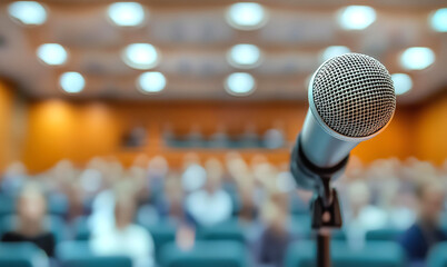 Microphone on stage close up and audience blur background 