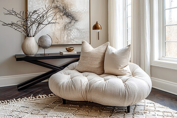 Shabby chic french country interior design of modern hall, home entryway. Seating area with a round cuddle chair, neutral pillows, abstract art, and stylish vases on console table near large windows.