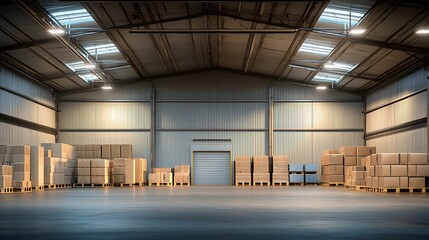 Obraz premium Spacious and organized warehouse interior showcasing neatly stacked boxes and ample natural lighting for efficient logistics operations