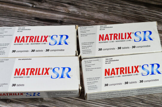 Cairo, Egypt, October 4 2024: Natrilix SR 1.5 mg Tablets indapamide manufactured by The French Servier Laboratories Limited Company, a thiazide-like diuretic for the treatment of hypertension