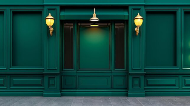 Green facade with blank storefront, perfect for mockup.