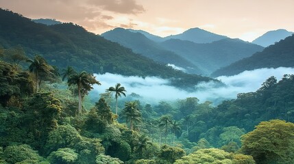 Obraz premium Beautiful sunrise in rain forest, humid clouds, panoramic view. Travel and nature concept