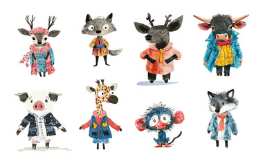 Naklejka premium A set of watercolor illustrations of cute baby animals wearing warm winter clothes. A collection of zoo animal cubs isolated on white. AI-generated clip art