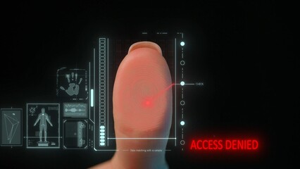 Woman thumb finger touching glass screen panel and activating holographic safety interface, identity scanner scanning fingerprint showing access denied.